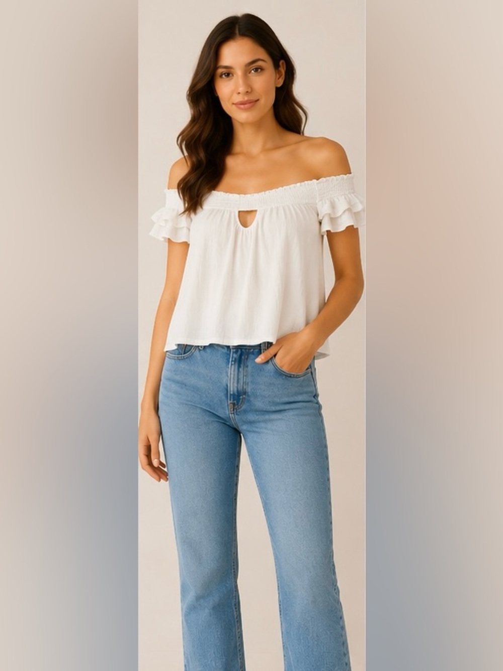 Anthropologie White Off Shoulder Ruffle Sleeve Crop Top Womens Small